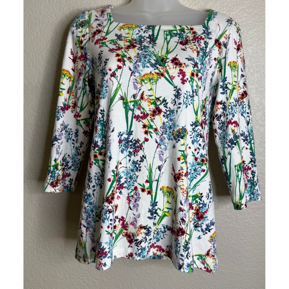 Chicos 0 US Small Top White Floral‎ Wildflower Square Neck 3/4 Sleeve Cotton